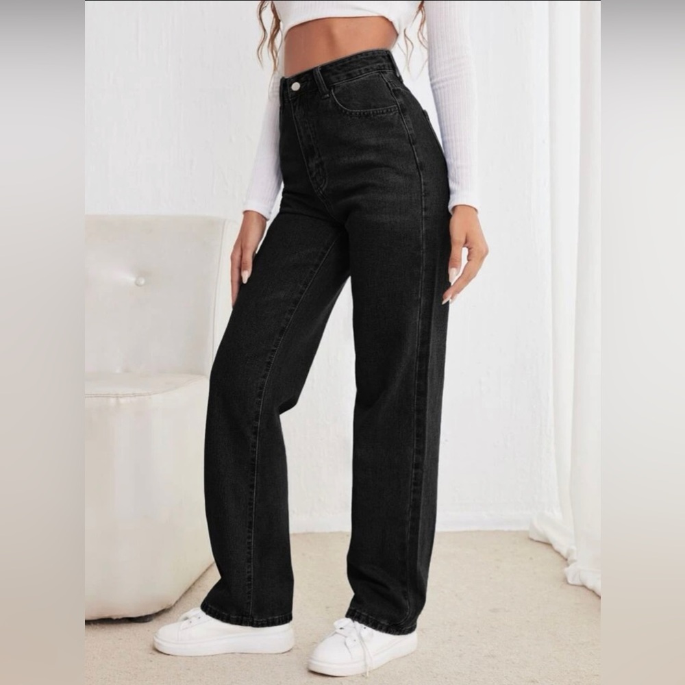 High Waist Black Straight Leg Jeans